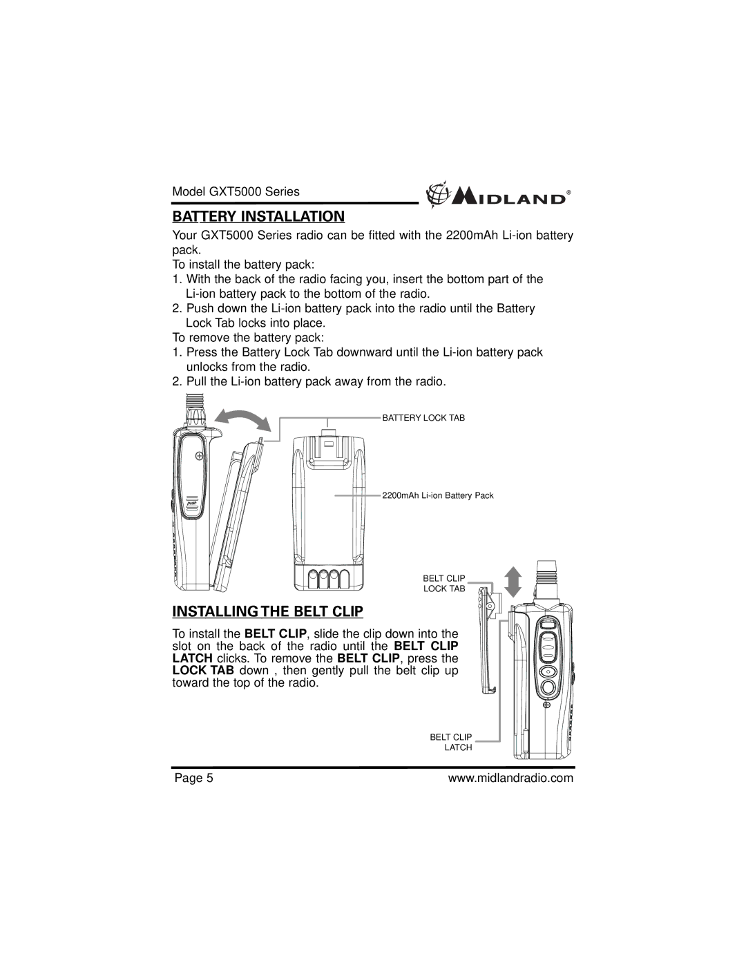 Midland Radio GXT5000 specifications Battery Installation, Installing the Belt Clip 