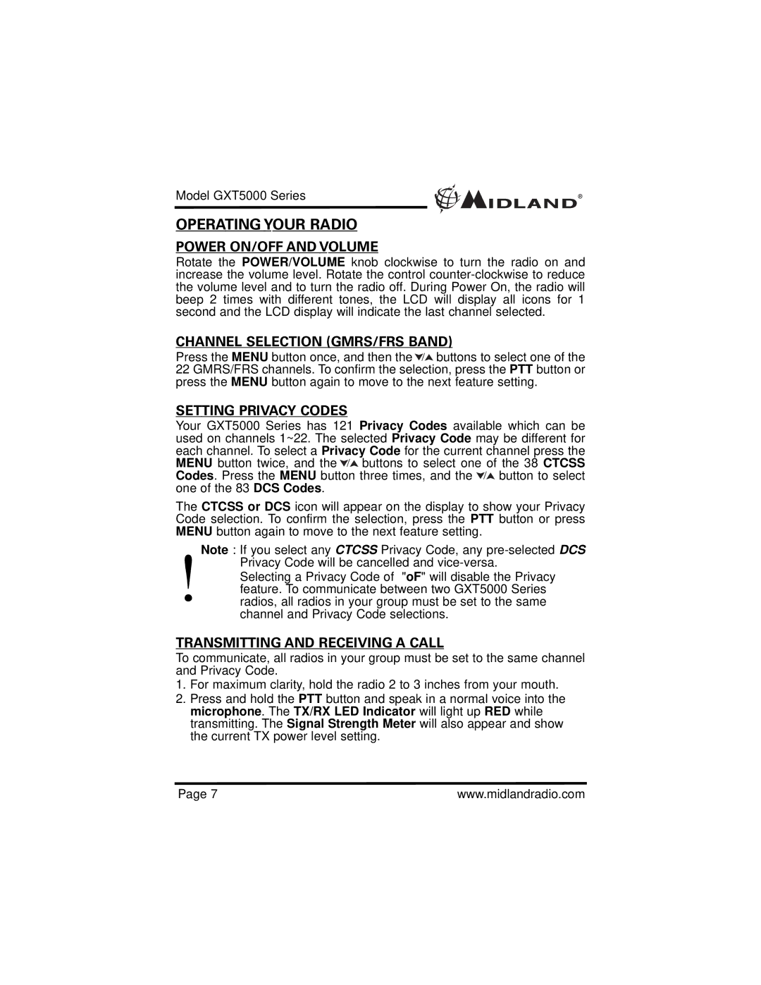 Midland Radio GXT5000 specifications Operating Your Radio, Power ON/OFF and Volume, Channel Selection GMRS/FRS Band 