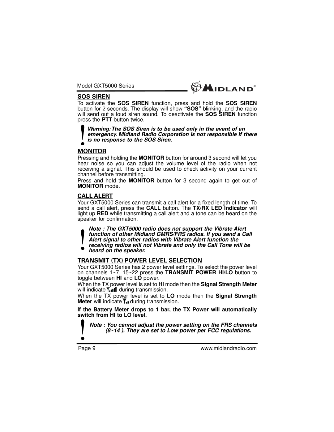 Midland Radio GXT5000 specifications SOS Siren, Monitor, Call Alert, Transmit TX Power Level Selection 