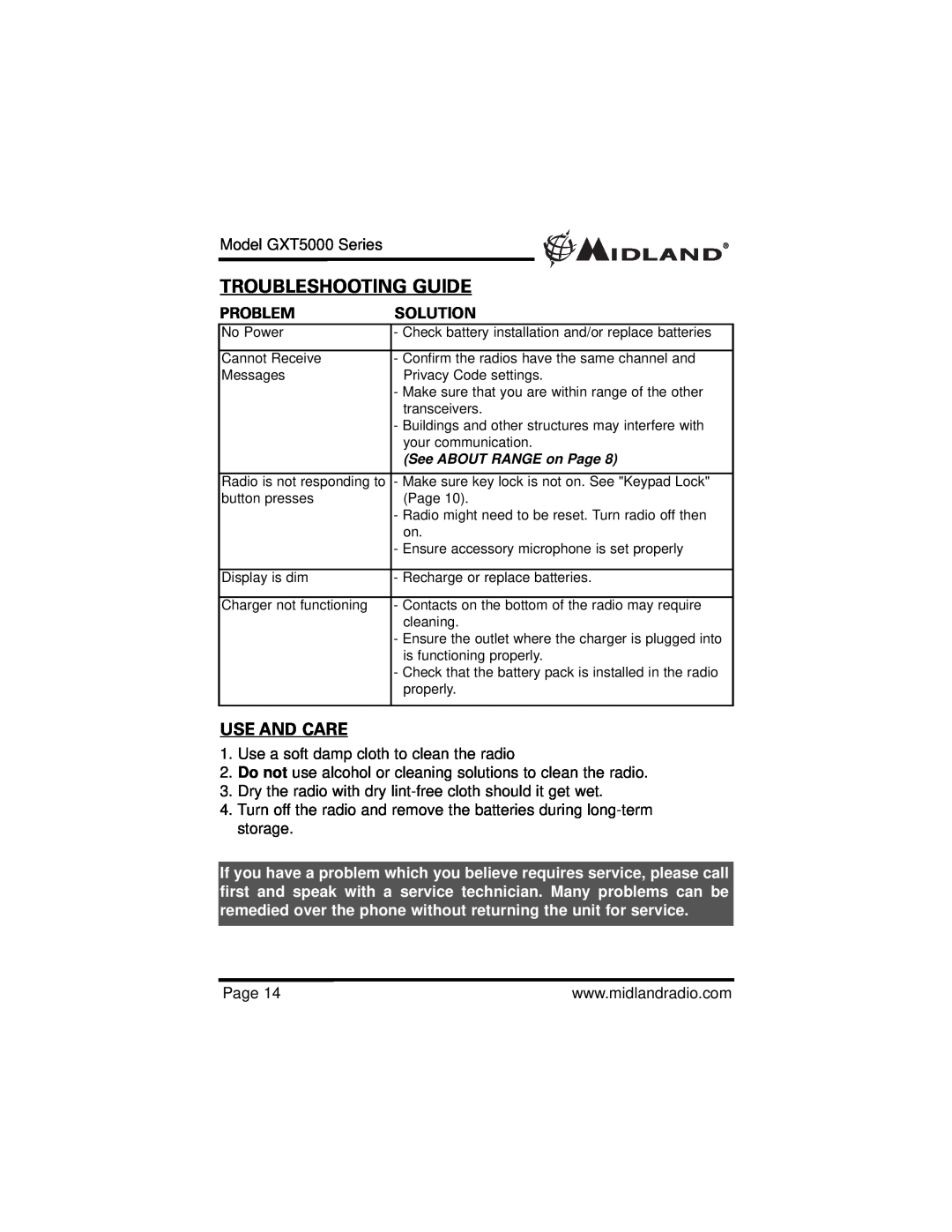 Midland Radio GXT5000 specifications Troubleshooting Guide, Use And Care, See ABOUT RANGE on Page 