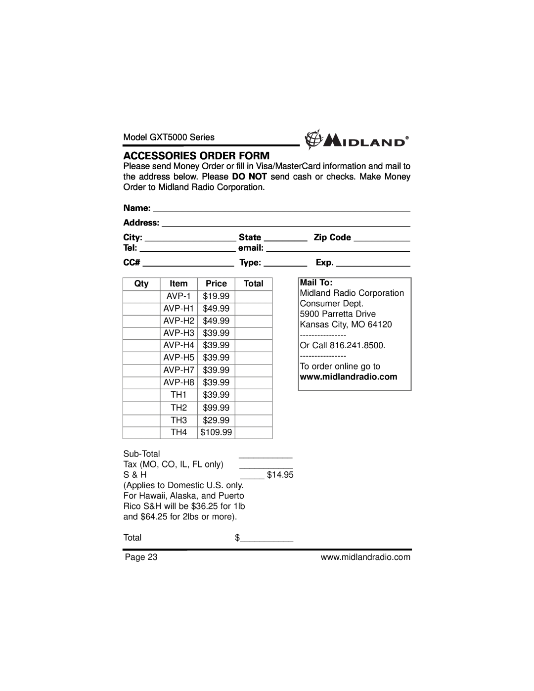 Midland Radio GXT5000 specifications Accessories Order Form 