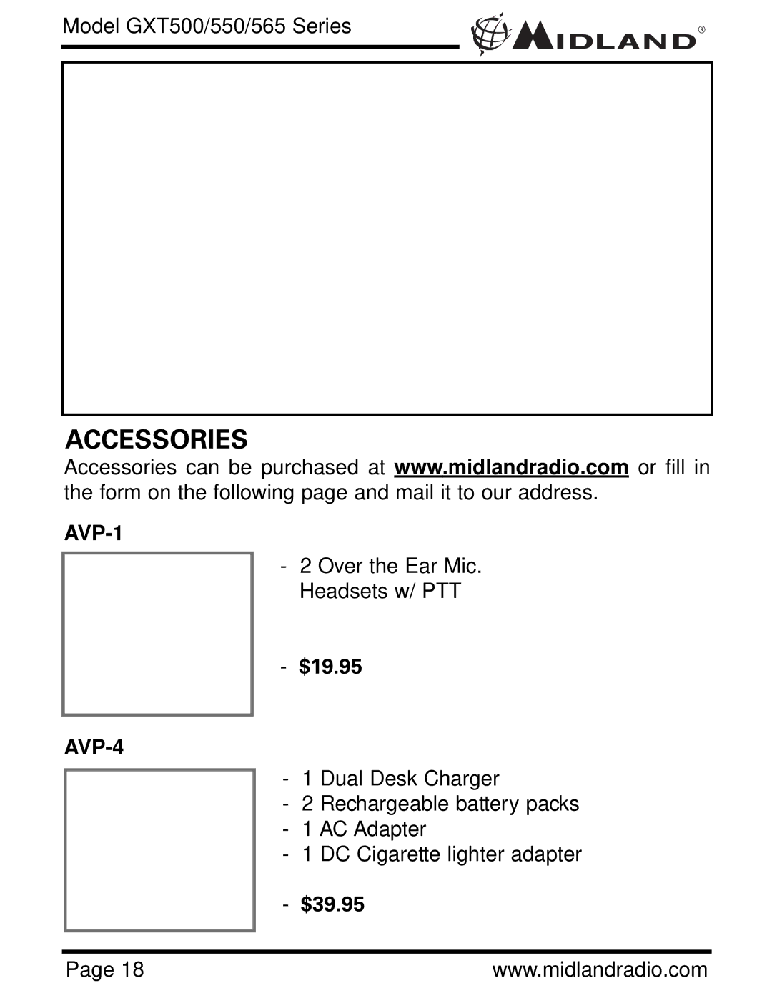 Midland Radio GXT500 ,GXT550, GXT565 owner manual Accessories, AVP-1, $19.95, AVP-4, $39.95 