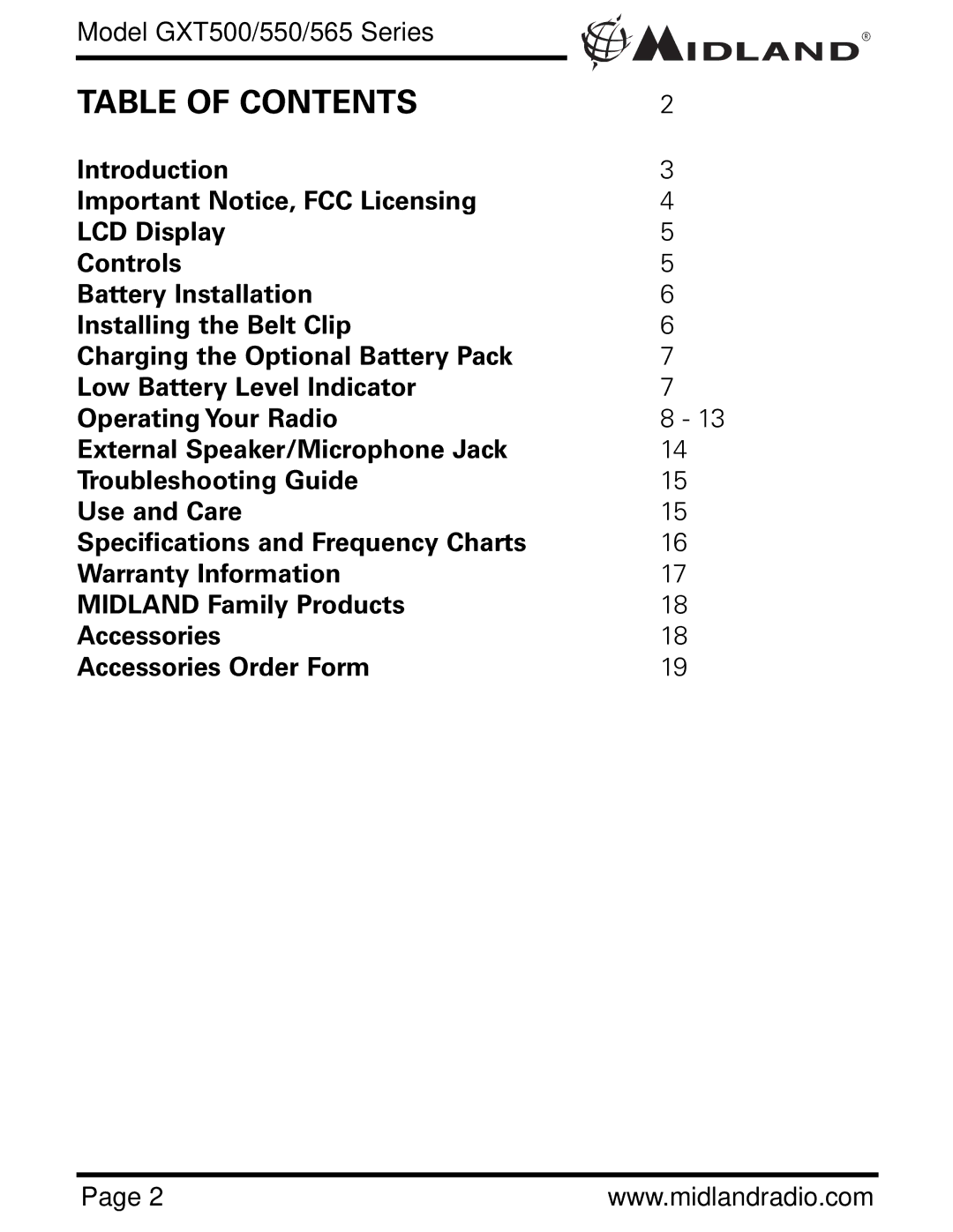 Midland Radio GXT500 ,GXT550, GXT565 owner manual Table of Contents 