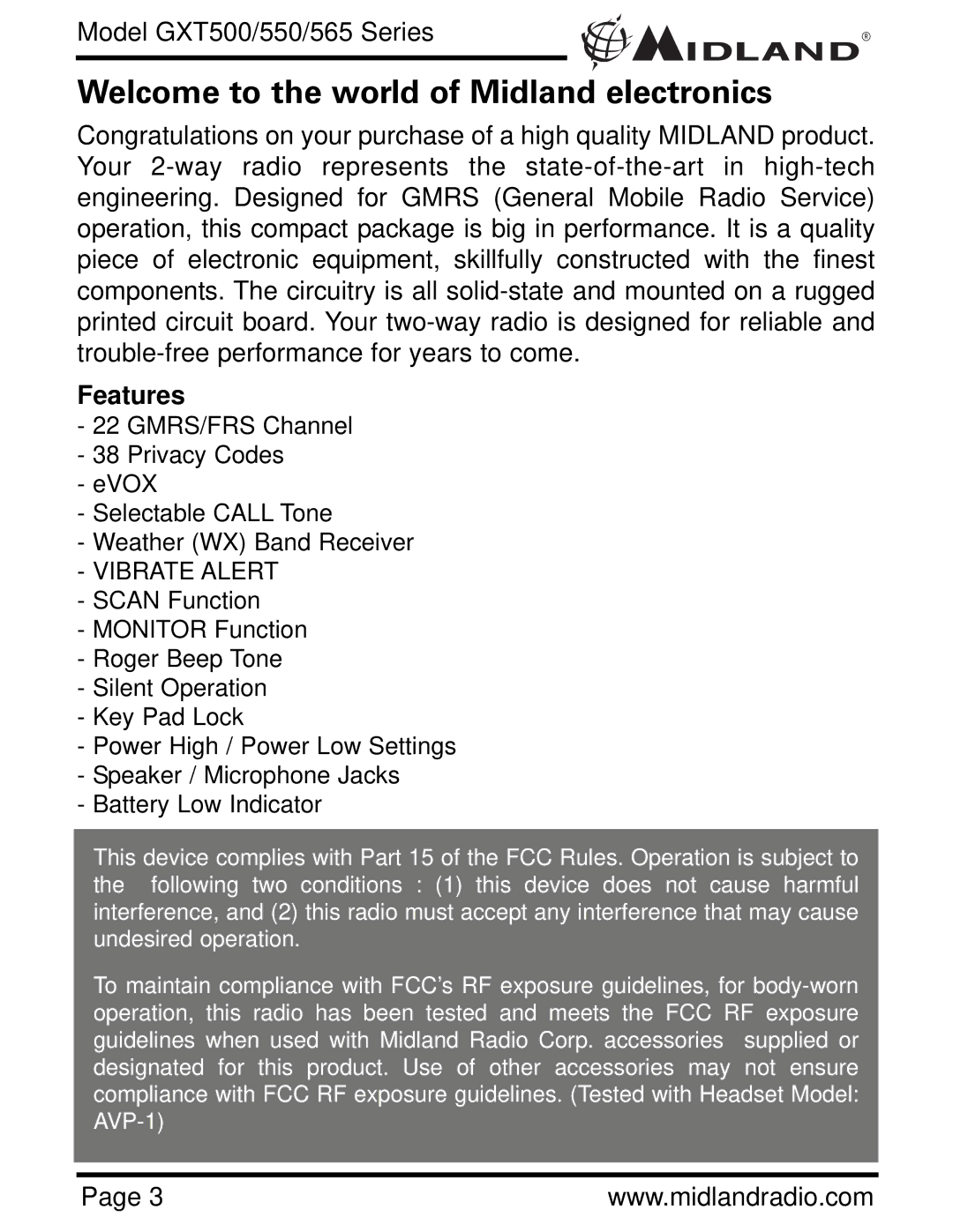 Midland Radio GXT500 ,GXT550, GXT565 owner manual Welcome to the world of Midland electronics, Features 