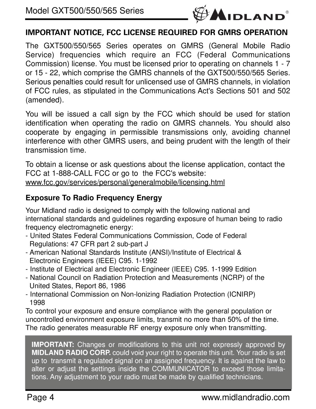 Midland Radio GXT500 ,GXT550, GXT565 owner manual Important NOTICE, FCC License Required for Gmrs Operation 