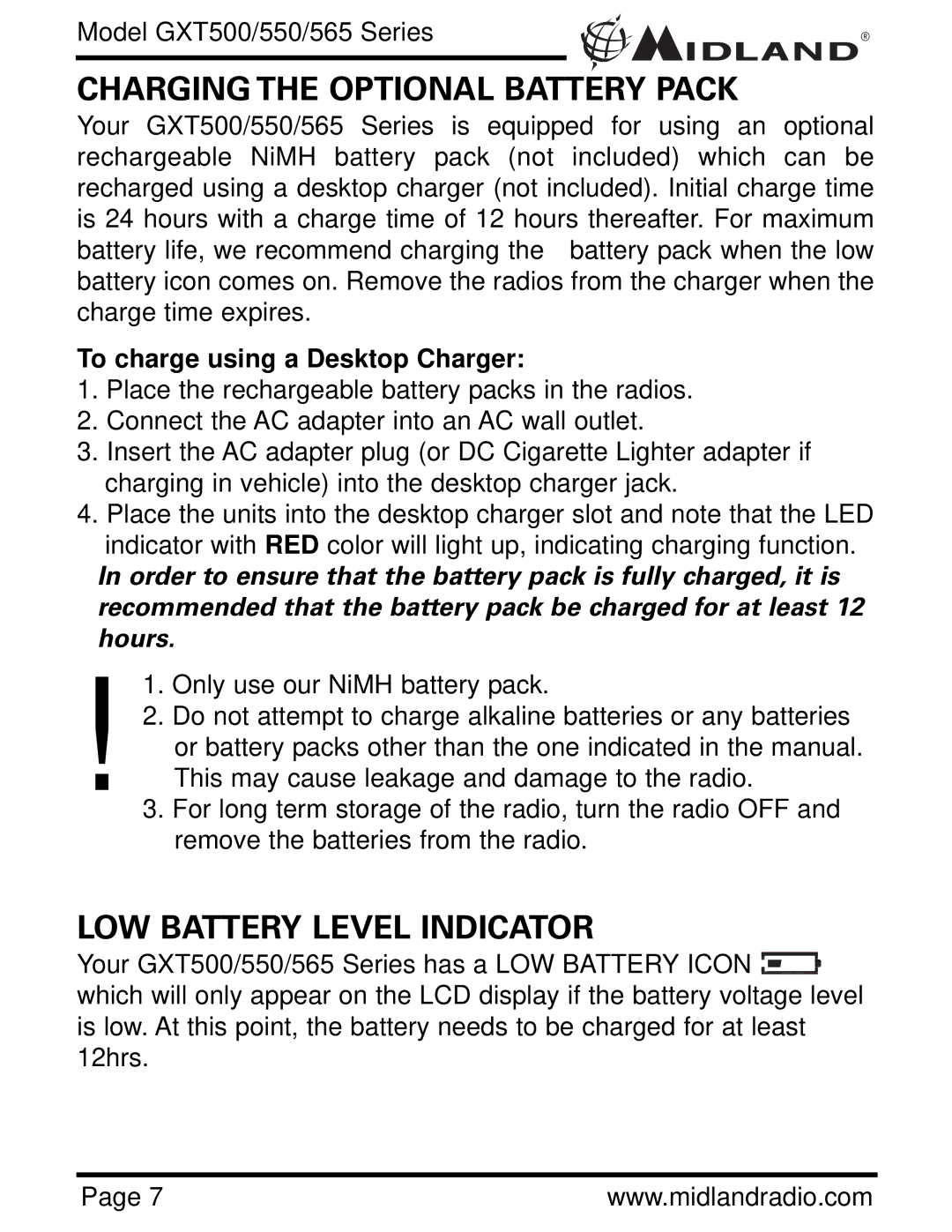 Midland Radio GXT500 ,GXT550, GXT565 owner manual Charging the Optional Battery Pack, LOW Battery Level Indicator 