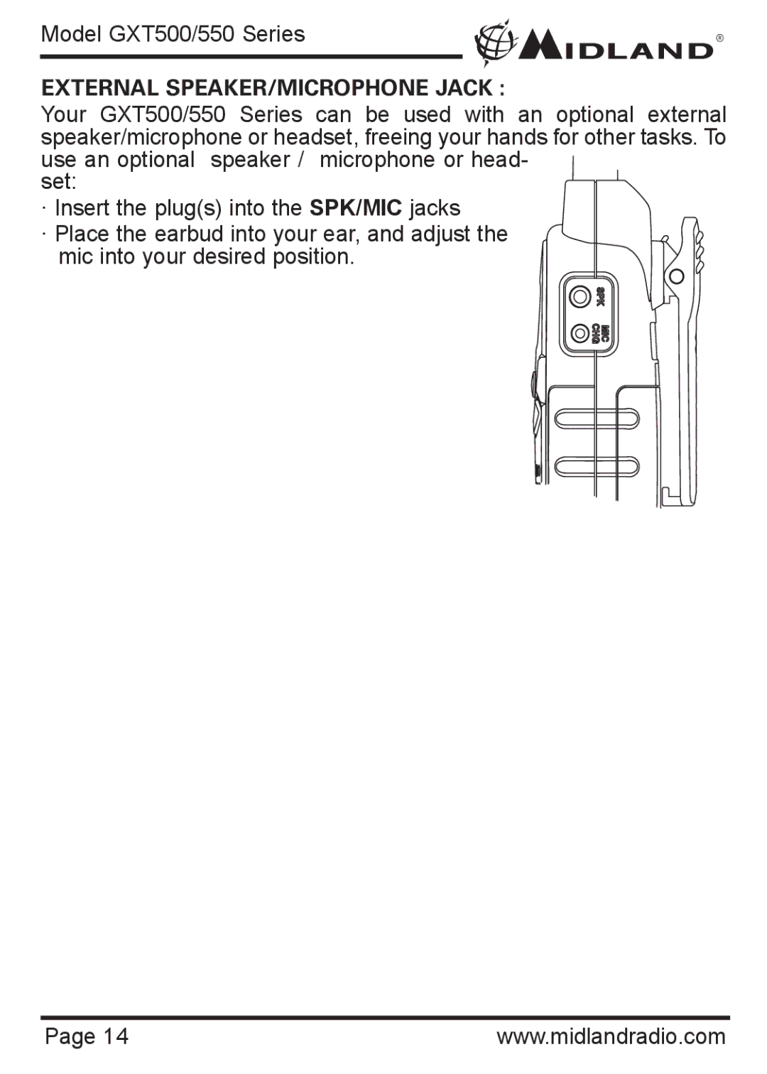 Midland Radio GXT550 Series, GXT500 Series owner manual External SPEAKER/MICROPHONE Jack 