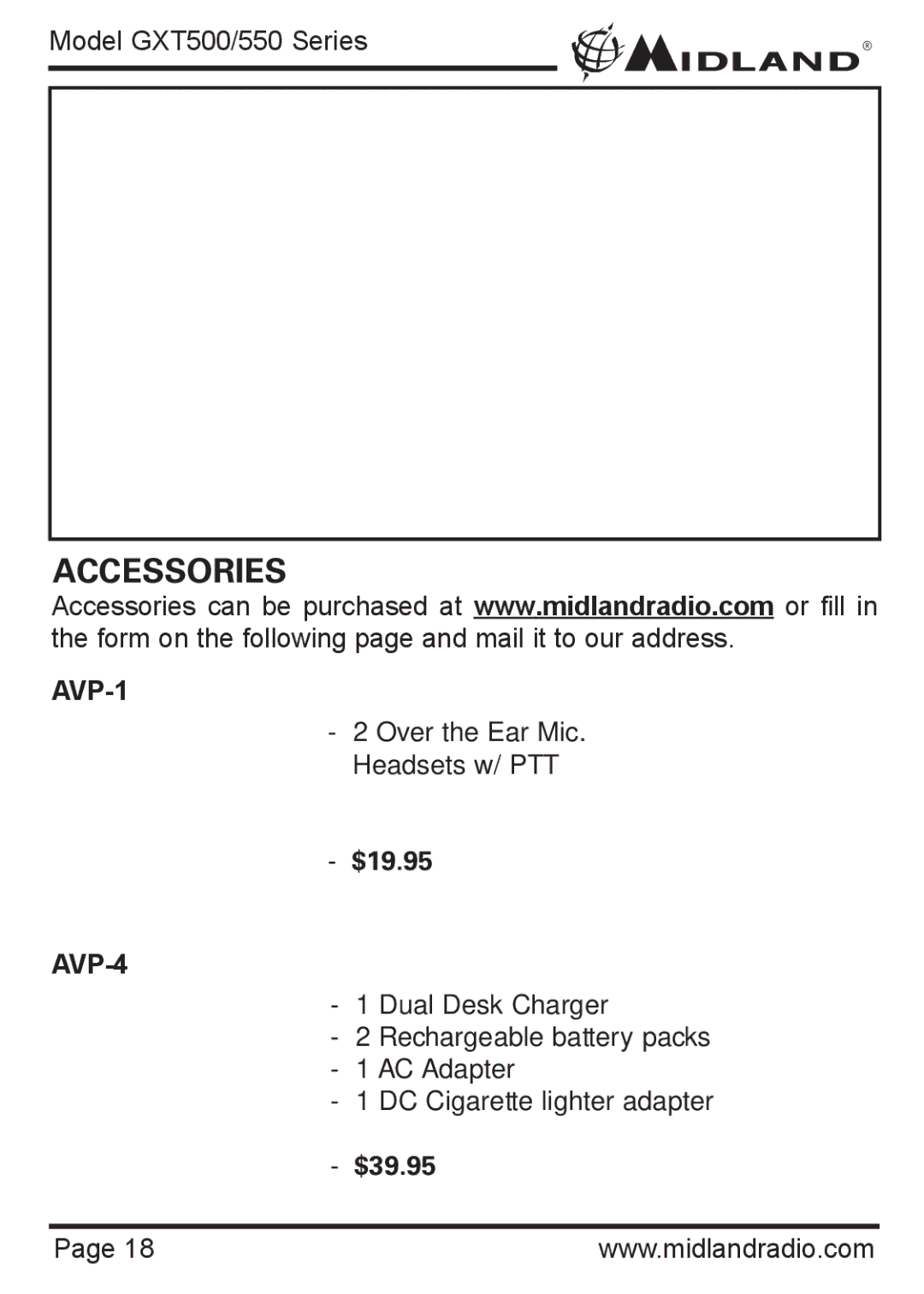 Midland Radio GXT550 Series, GXT500 Series owner manual Accessories, AVP-1, $19.95, AVP-4, $39.95 