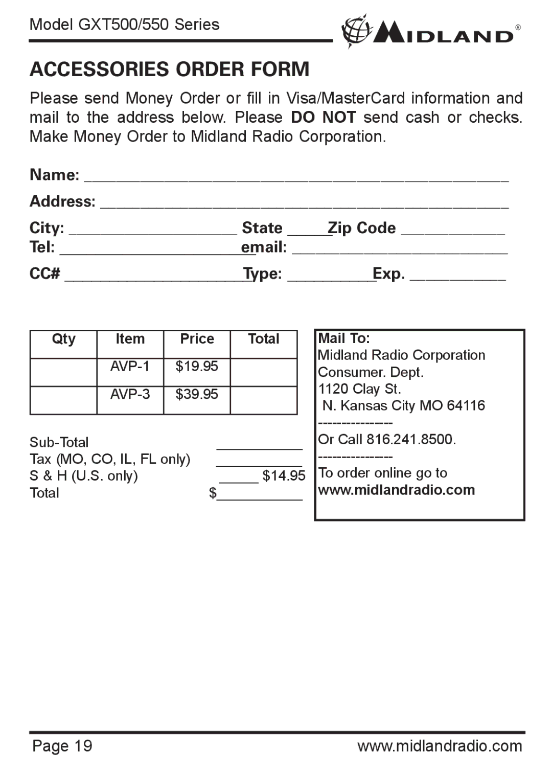 Midland Radio GXT500 Series, GXT550 Series owner manual Accessories Order Form, City State Zip Code 