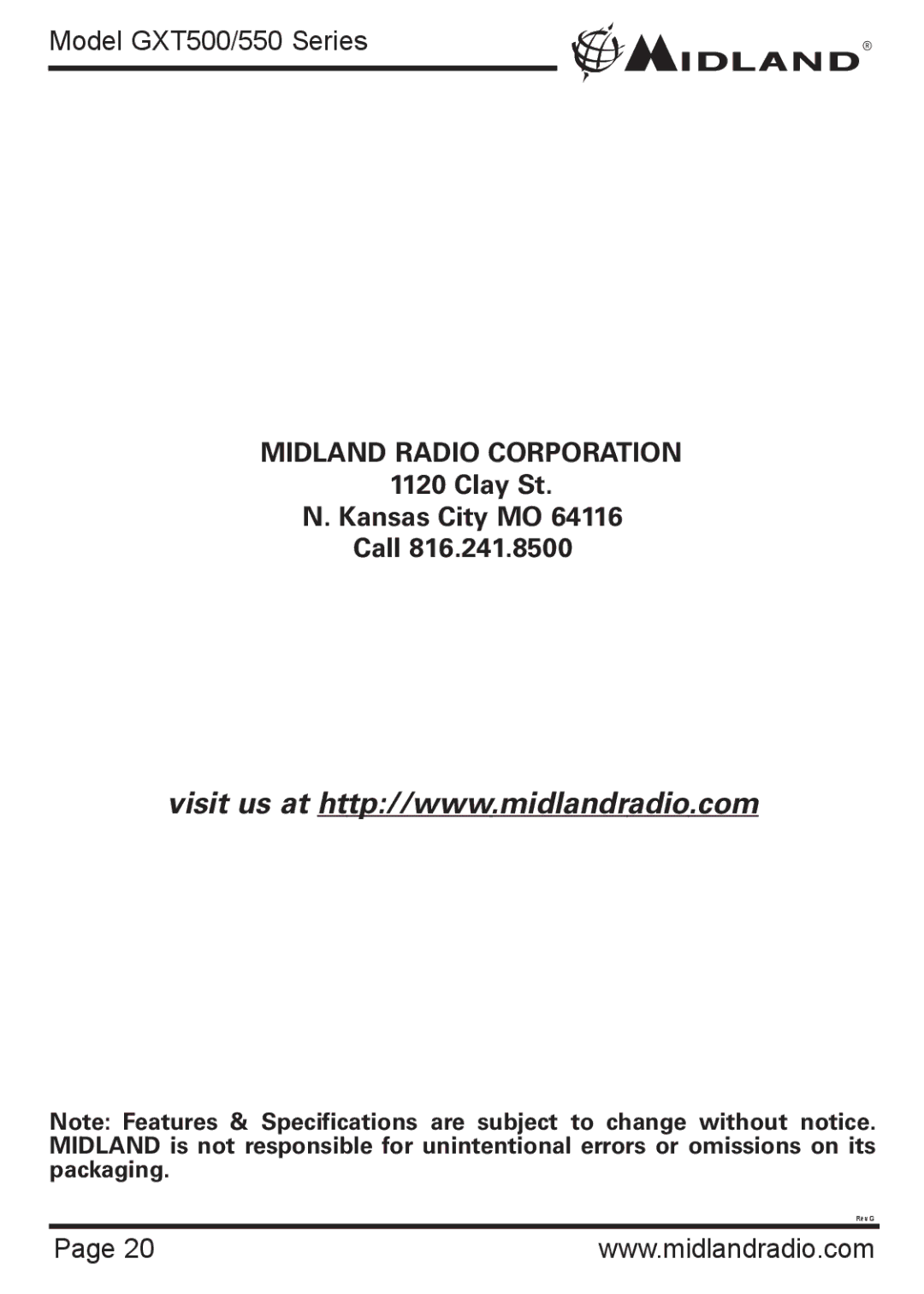 Midland Radio GXT550 Series, GXT500 Series owner manual Midland Radio Corporation, Clay St Kansas City MO Call 