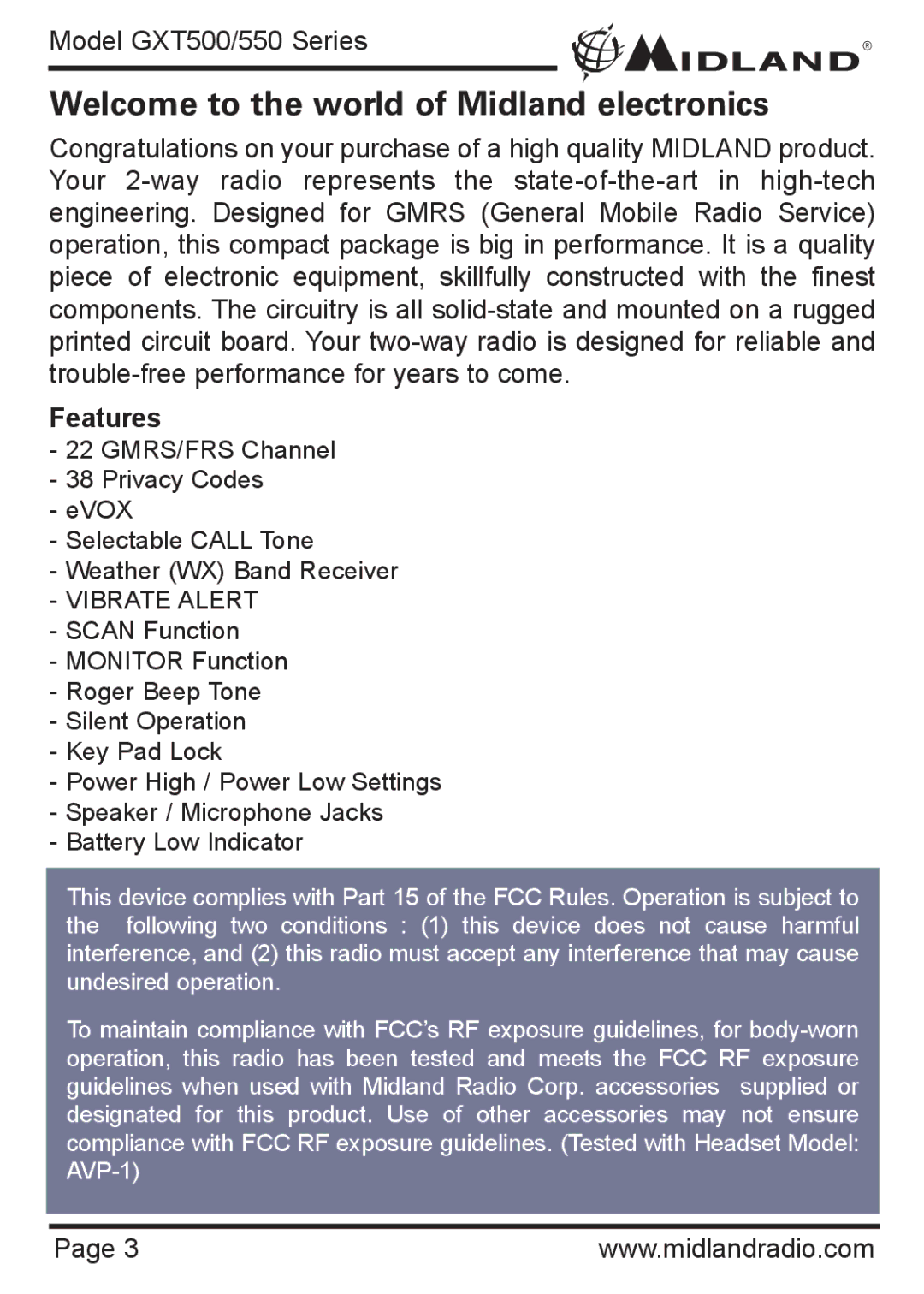 Midland Radio GXT500 Series, GXT550 Series owner manual Welcome to the world of Midland electronics, Features 