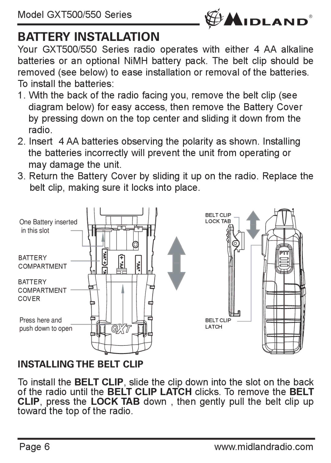 Midland Radio GXT550 Series, GXT500 Series owner manual Battery Installation, Installing the Belt Clip 