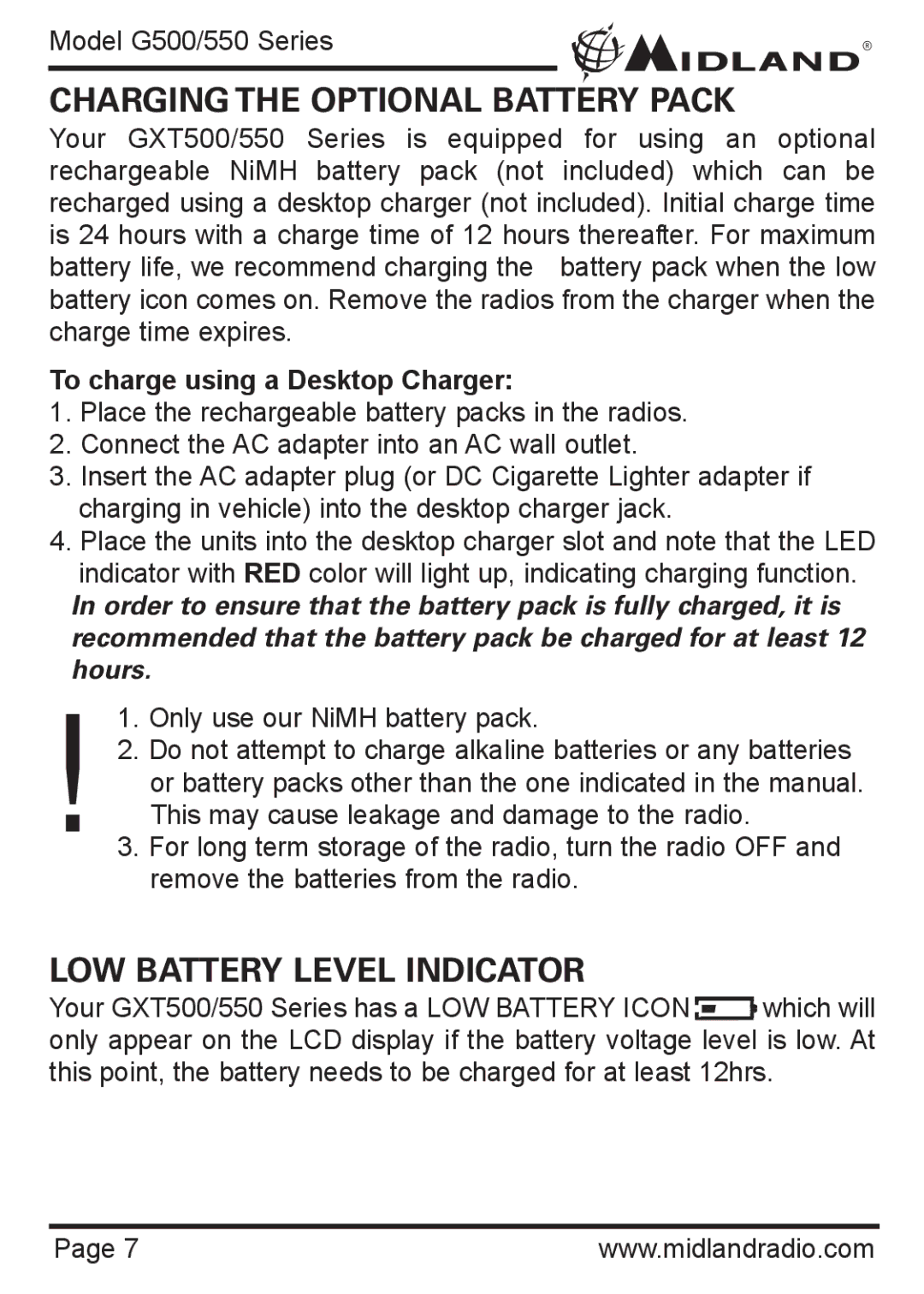 Midland Radio GXT500 Series, GXT550 Series owner manual Charging the Optional Battery Pack, LOW Battery Level Indicator 