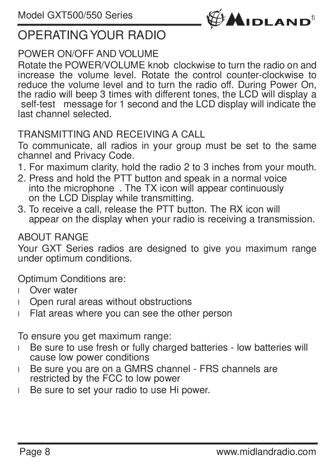 Midland Radio GXT550 Series Operating Your Radio, Power ON/OFF and Volume, Transmitting and Receiving a Call, About Range 