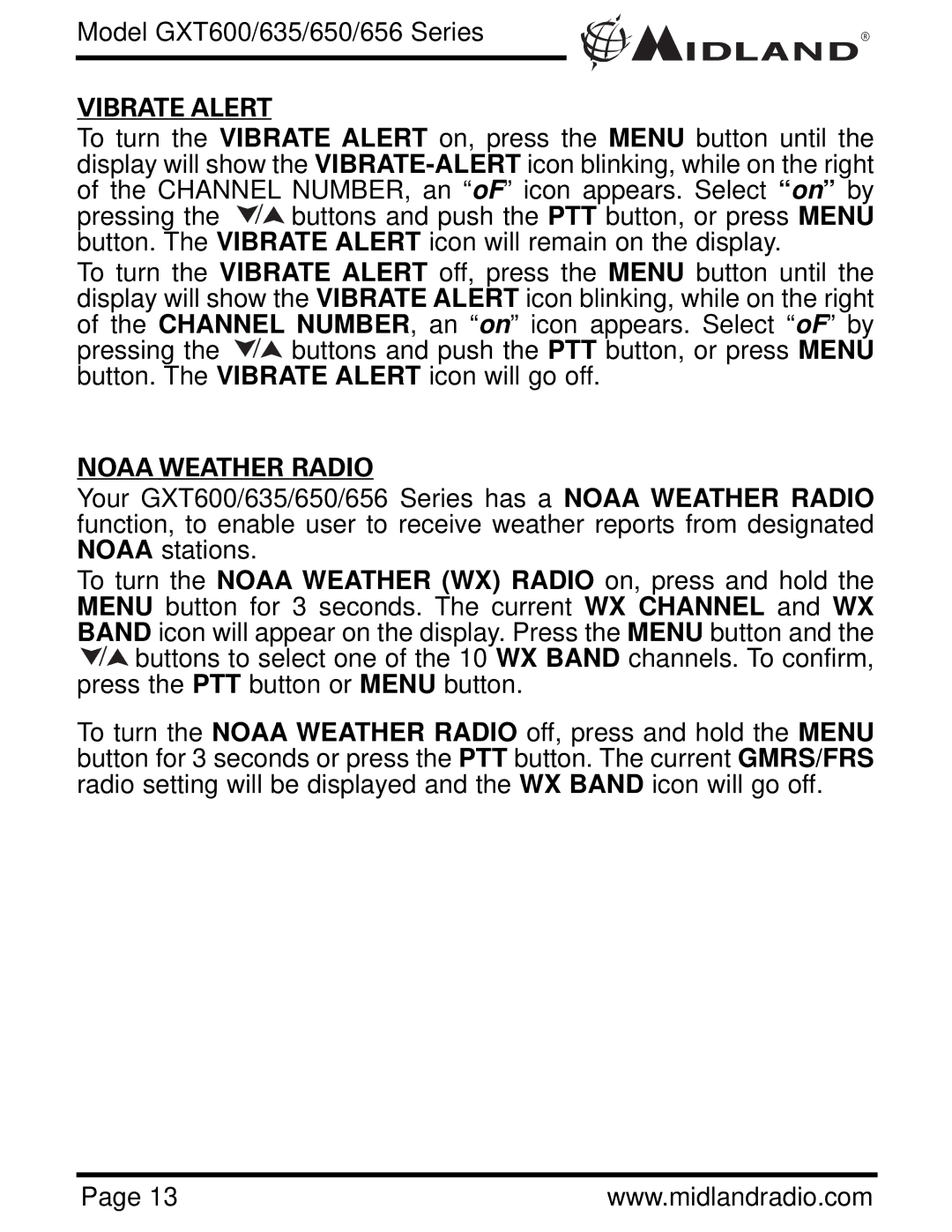 Midland Radio GXT600, GXT656, GXT635, GXT650 owner manual Vibrate Alert, Noaa Weather Radio 