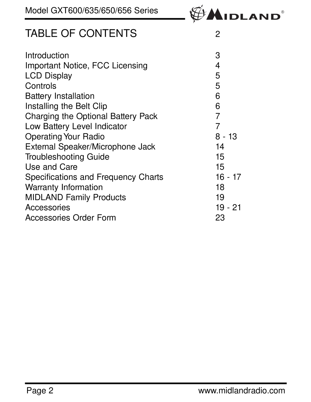 Midland Radio GXT635, GXT656, GXT600, GXT650 owner manual Table of Contents 