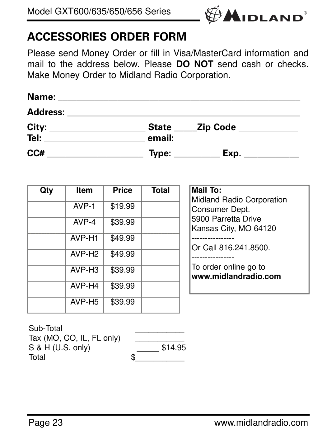 Midland Radio GXT650, GXT656, GXT600, GXT635 owner manual Accessories Order Form, Name Address City State Zip Code Tel email 