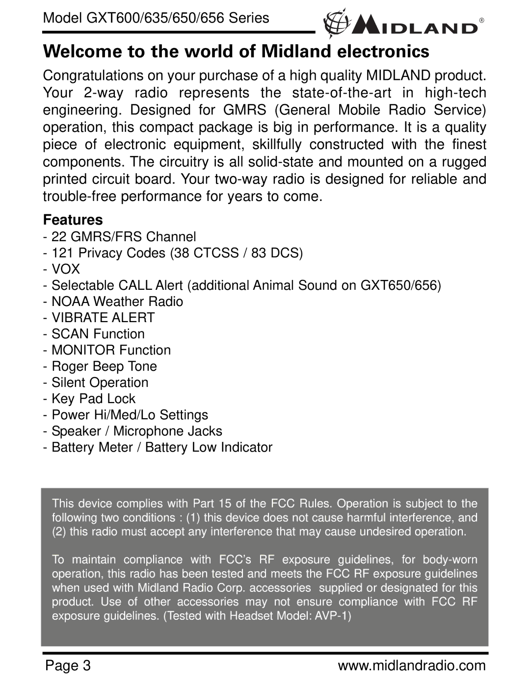 Midland Radio GXT650, GXT656, GXT600, GXT635 owner manual Welcome to the world of Midland electronics 