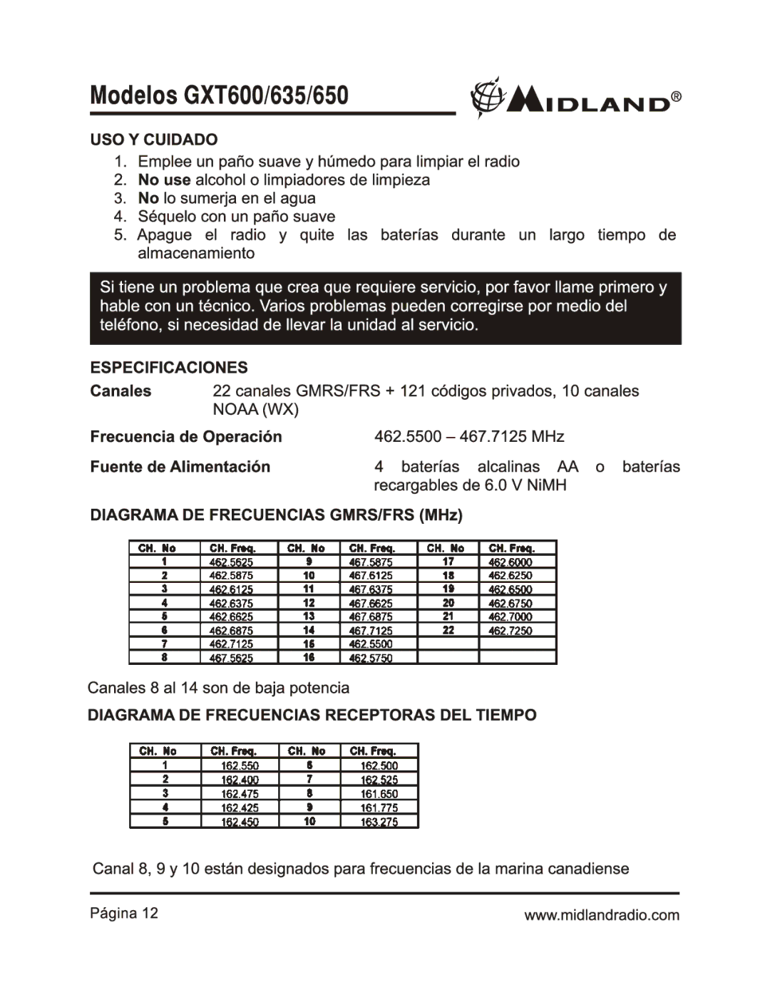 Midland Radio GXT656, GXT600, GXT635, GXT650 owner manual 