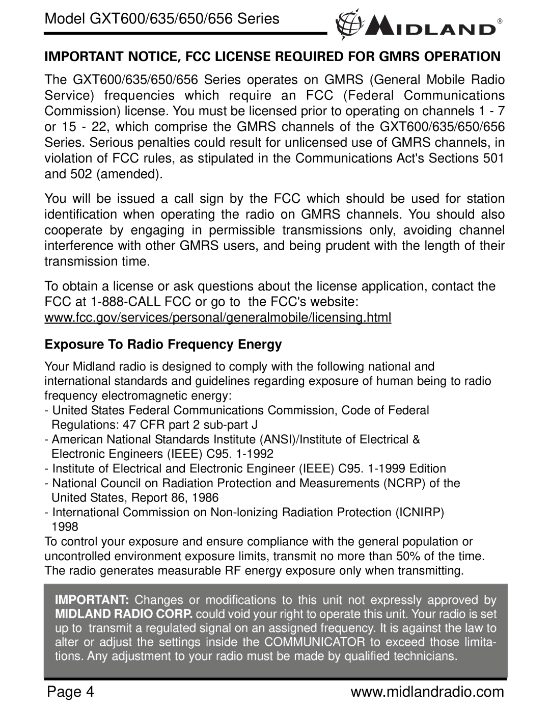 Midland Radio GXT656, GXT600, GXT635, GXT650 owner manual Important NOTICE, FCC License Required for Gmrs Operation 