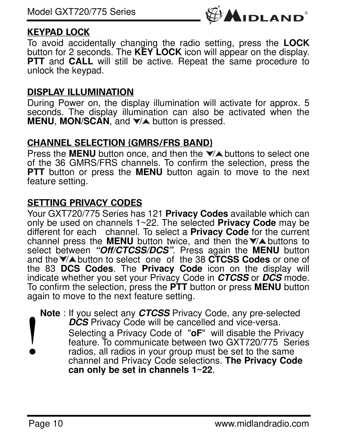 Midland Radio GXT775 Series Keypad Lock, Display Illumination, Channel Selection GMRS/FRS Band, Setting Privacy Codes 