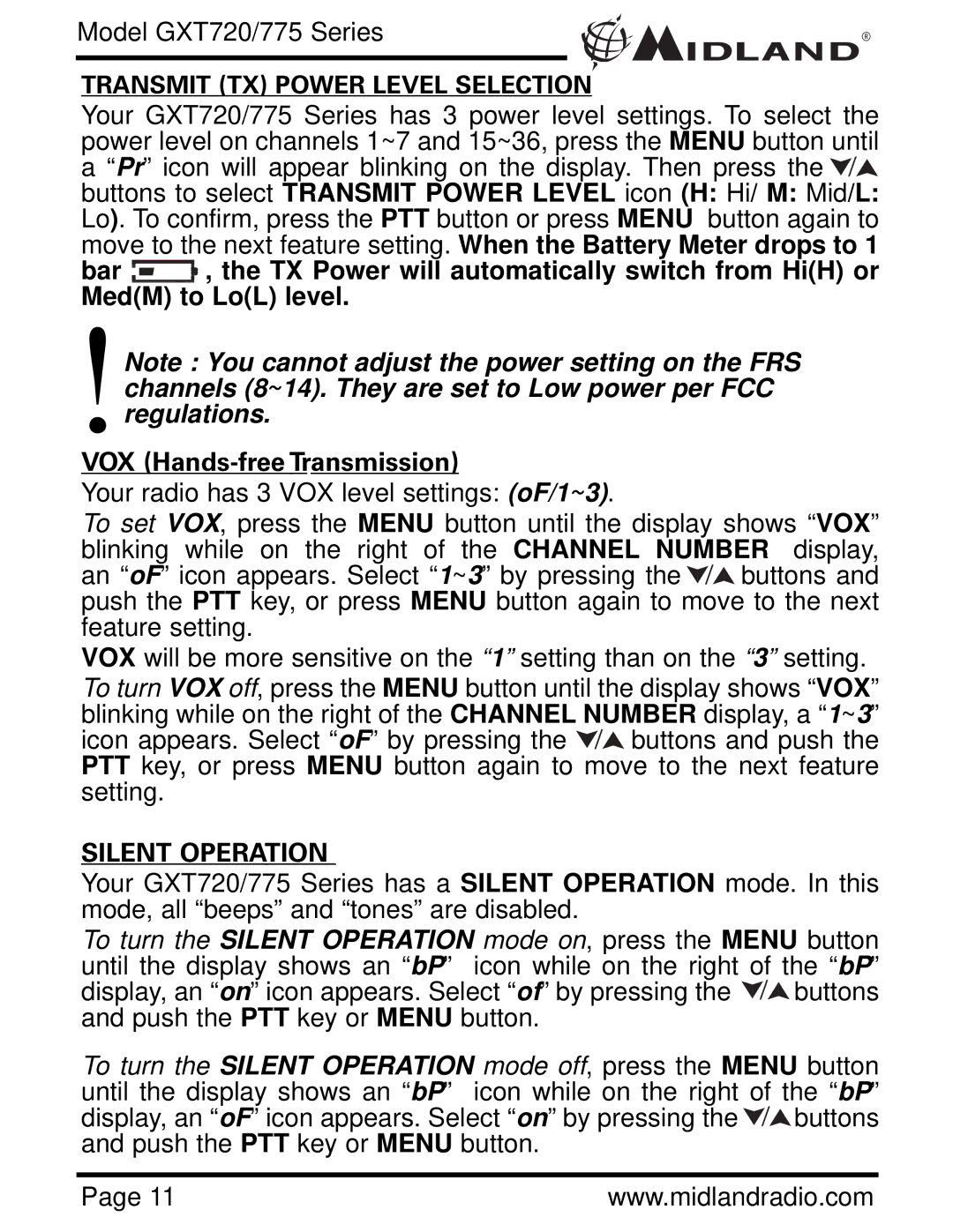 Midland Radio GXT720 Series, GXT775 Series owner manual Silent Operation 