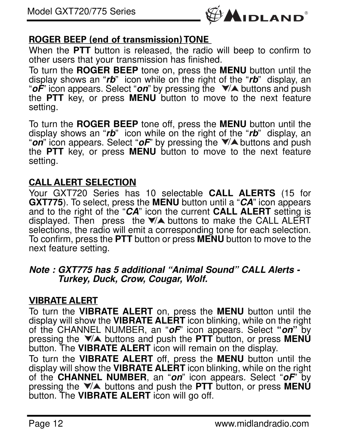 Midland Radio GXT775 Series, GXT720 Series Roger Beep end of transmission Tone, Call Alert Selection, Vibrate Alert 