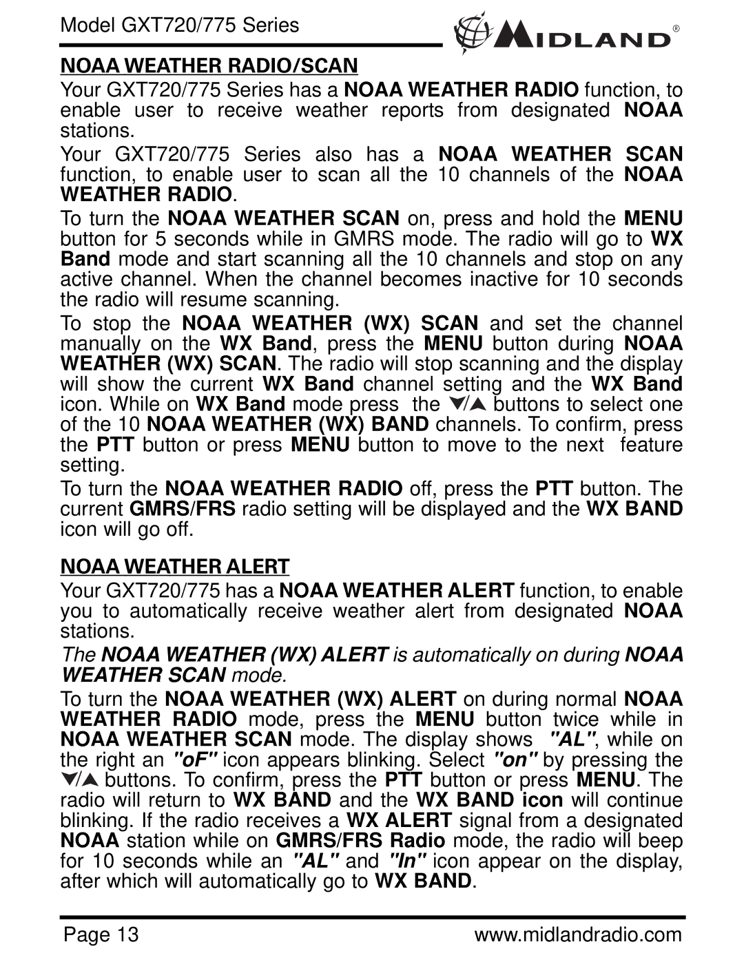 Midland Radio GXT720 Series, GXT775 Series owner manual Noaa Weather RADIO/SCAN, Noaa Weather Alert 