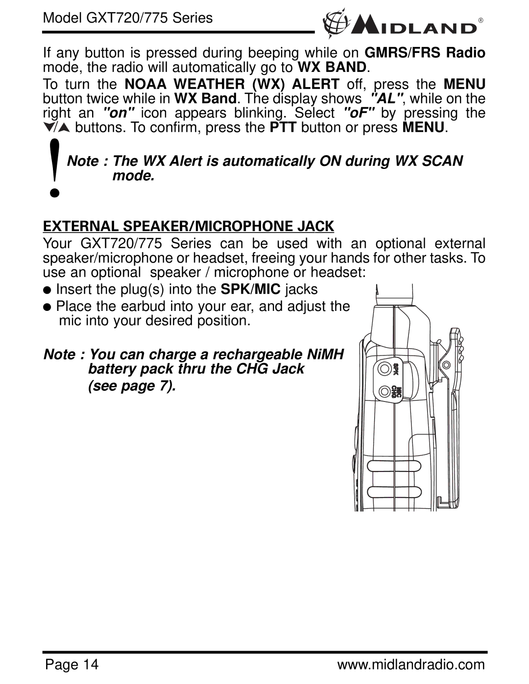 Midland Radio GXT775 Series, GXT720 Series owner manual External SPEAKER/MICROPHONE Jack 