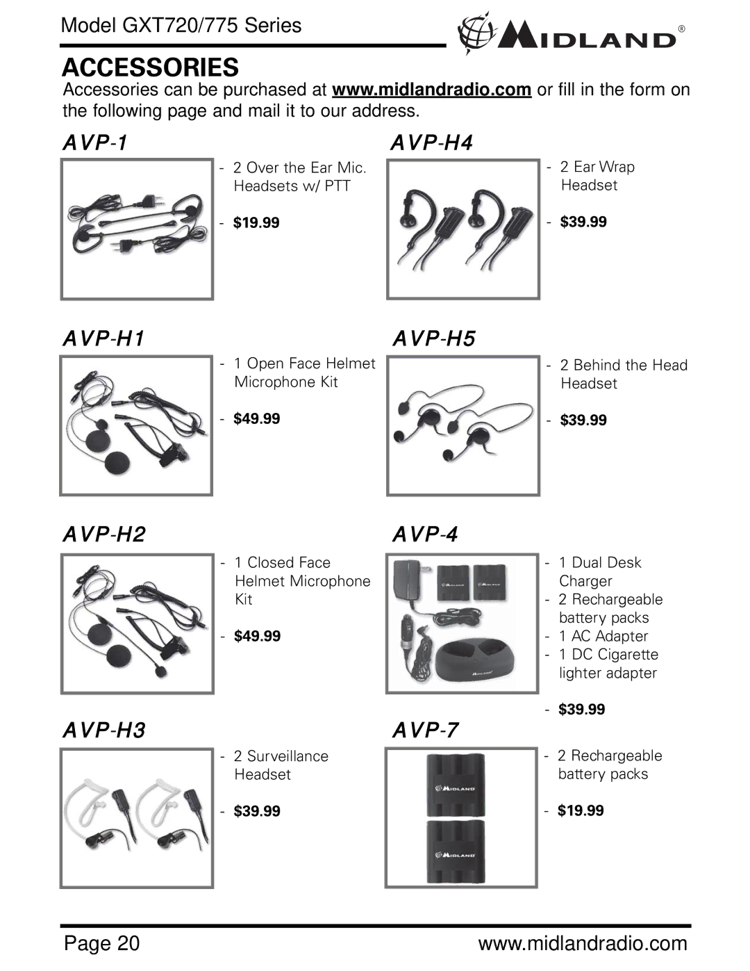 Midland Radio GXT775 Series, GXT720 Series owner manual Accessories, AVP-H3AVP-7 