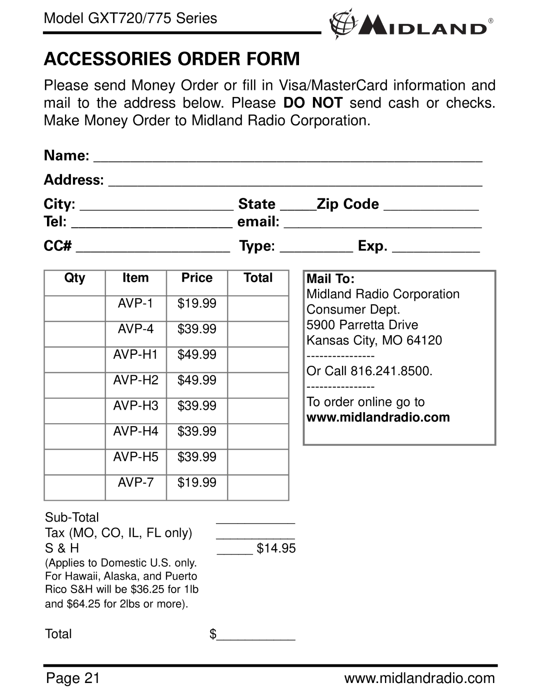 Midland Radio GXT720 Series, GXT775 Series owner manual Accessories Order Form, Name Address City State Zip Code Tel email 