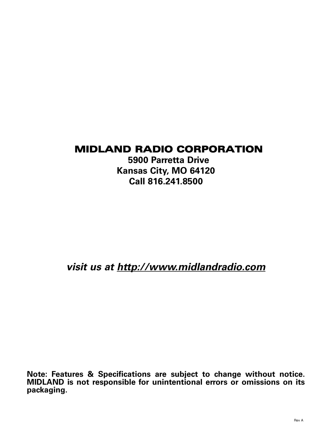 Midland Radio GXT720 Series, GXT775 Series owner manual Midland Radio Corporation, Parretta Drive Kansas City, MO Call 