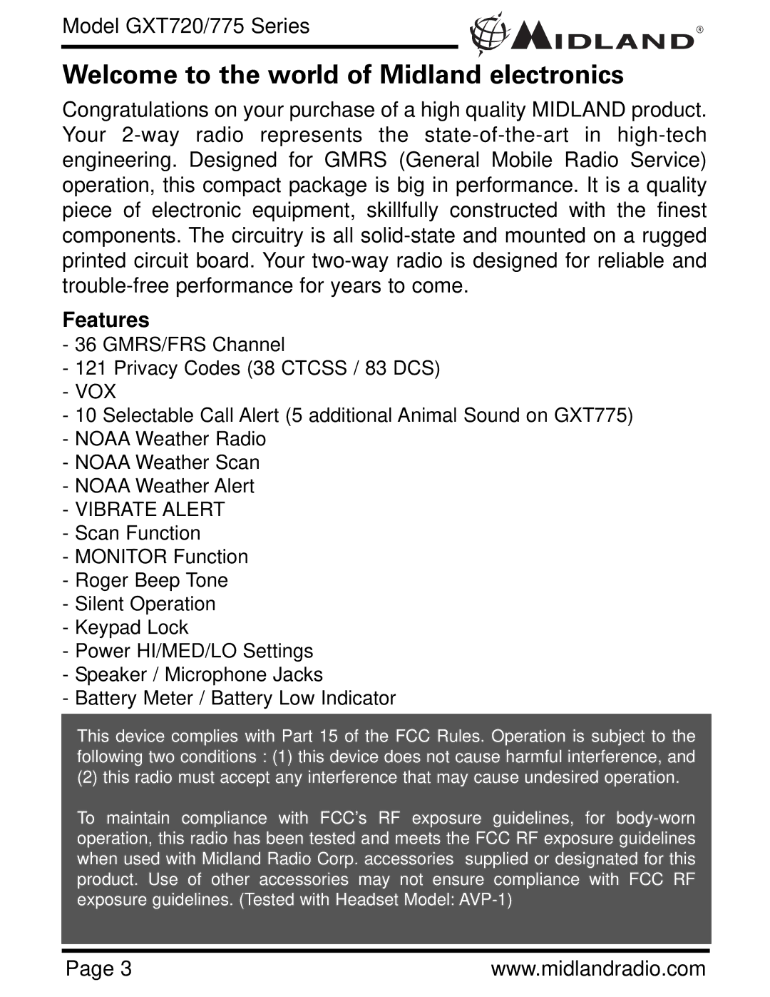 Midland Radio GXT720 Series, GXT775 Series owner manual Welcome to the world of Midland electronics, Features 