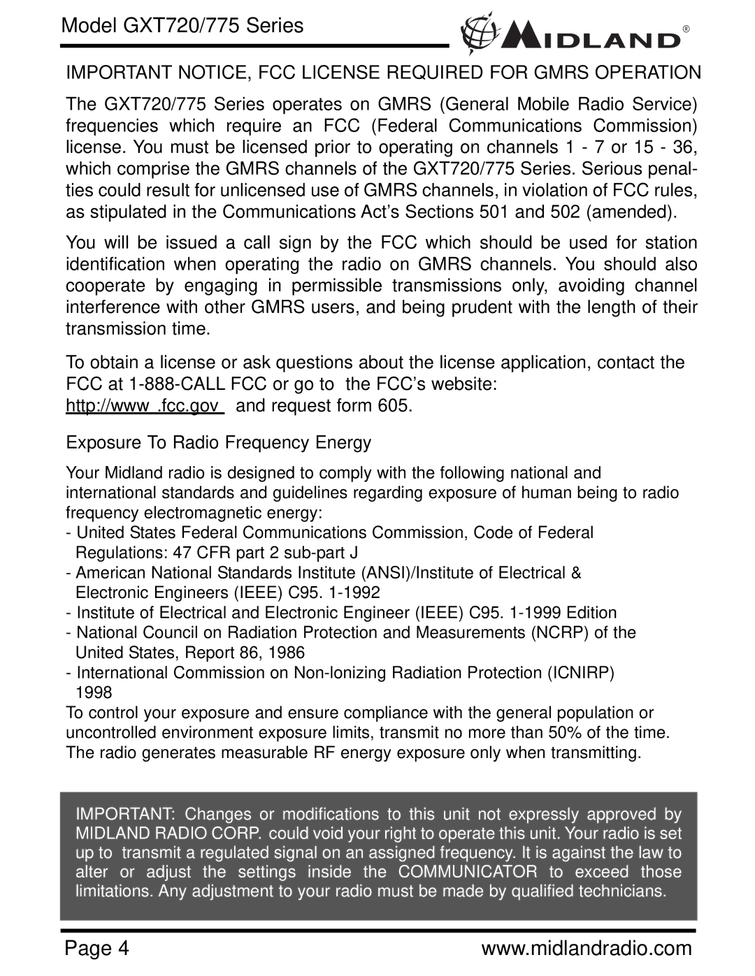 Midland Radio GXT775 Series, GXT720 Series owner manual Important NOTICE, FCC License Required for Gmrs Operation 