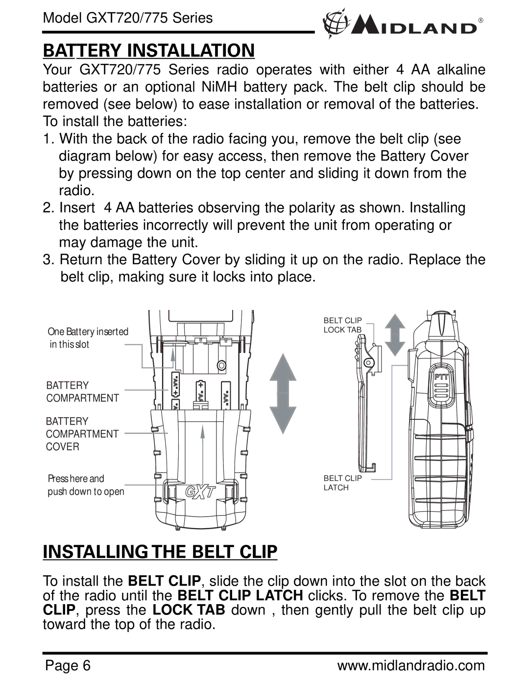 Midland Radio GXT775 Series, GXT720 Series owner manual Battery Installation, Installing the Belt Clip 