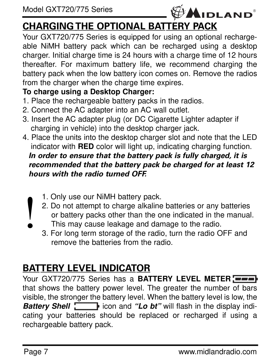 Midland Radio GXT720 Series Charging the Optional Battery Pack, Battery Level Indicator, To charge using a Desktop Charger 