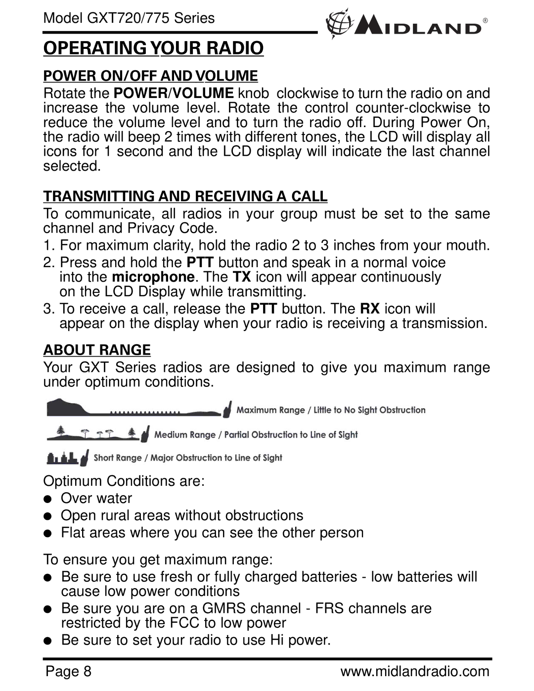 Midland Radio GXT775 Series Operating Your Radio, Power ON/OFF and Volume, Transmitting and Receiving a Call, About Range 