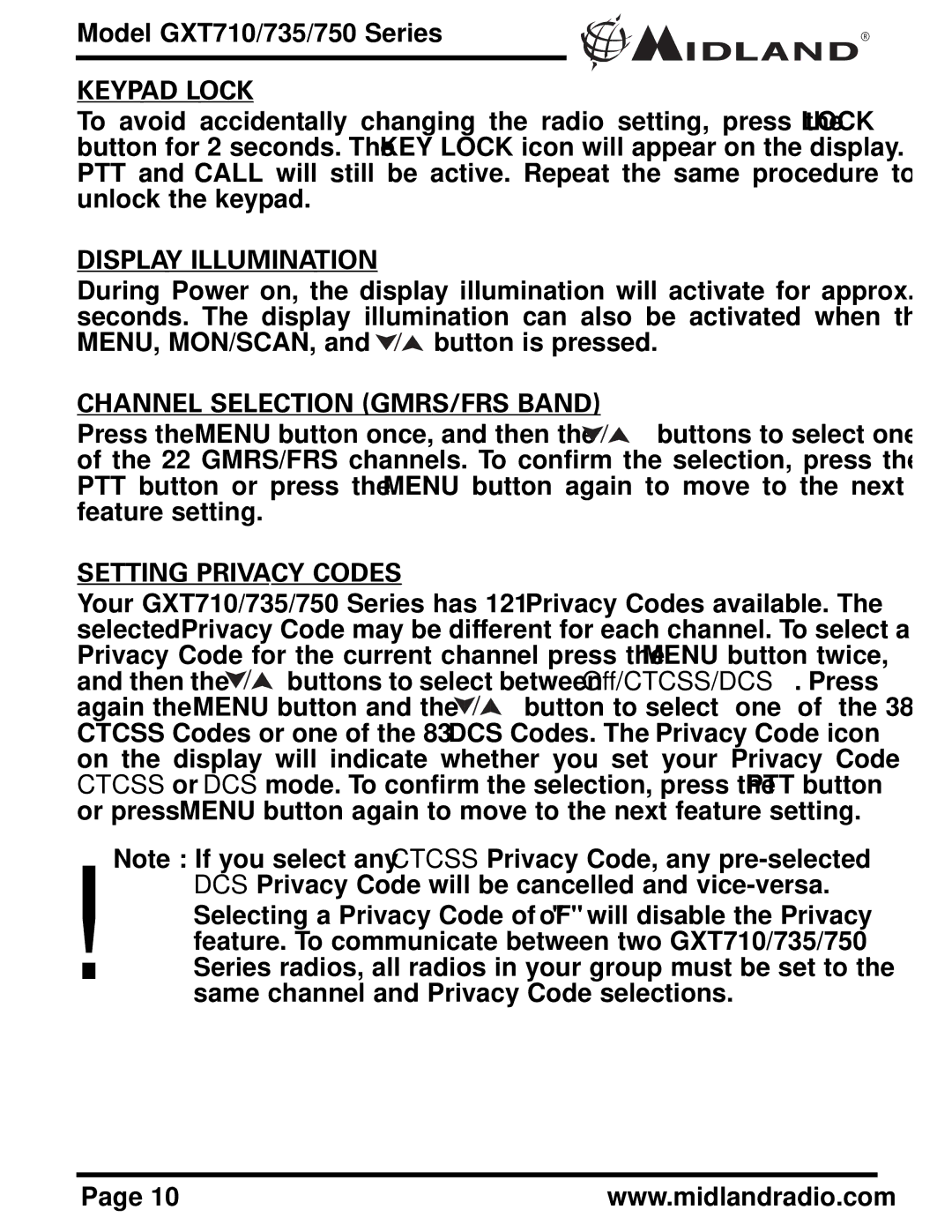 Midland Radio GXT710 Series Keypad Lock, Display Illumination, Channel Selection GMRS/FRS Band, Setting Privacy Codes 