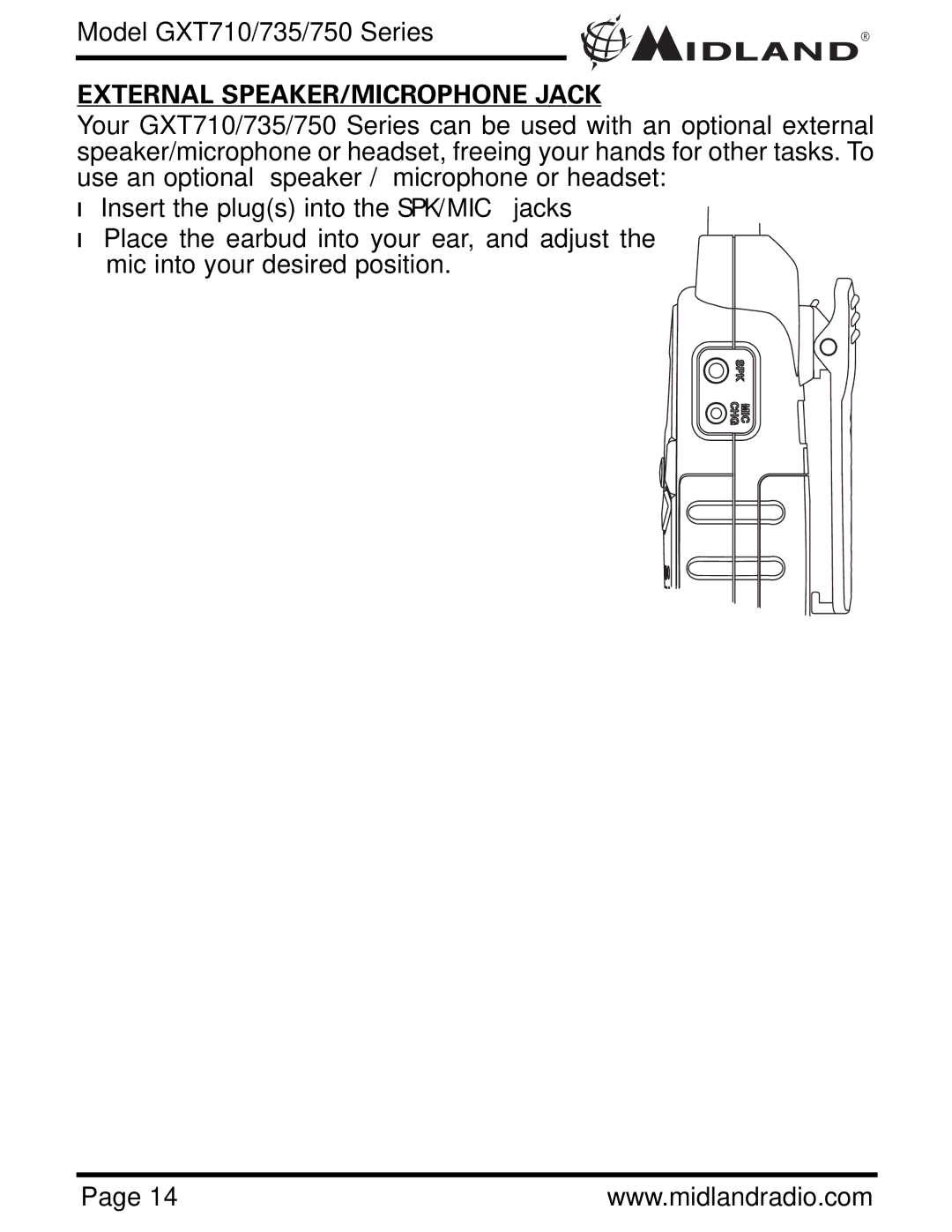 Midland Radio GXT750 Series, GXT735 Series, GXT710 Series owner manual External SPEAKER/MICROPHONE Jack 