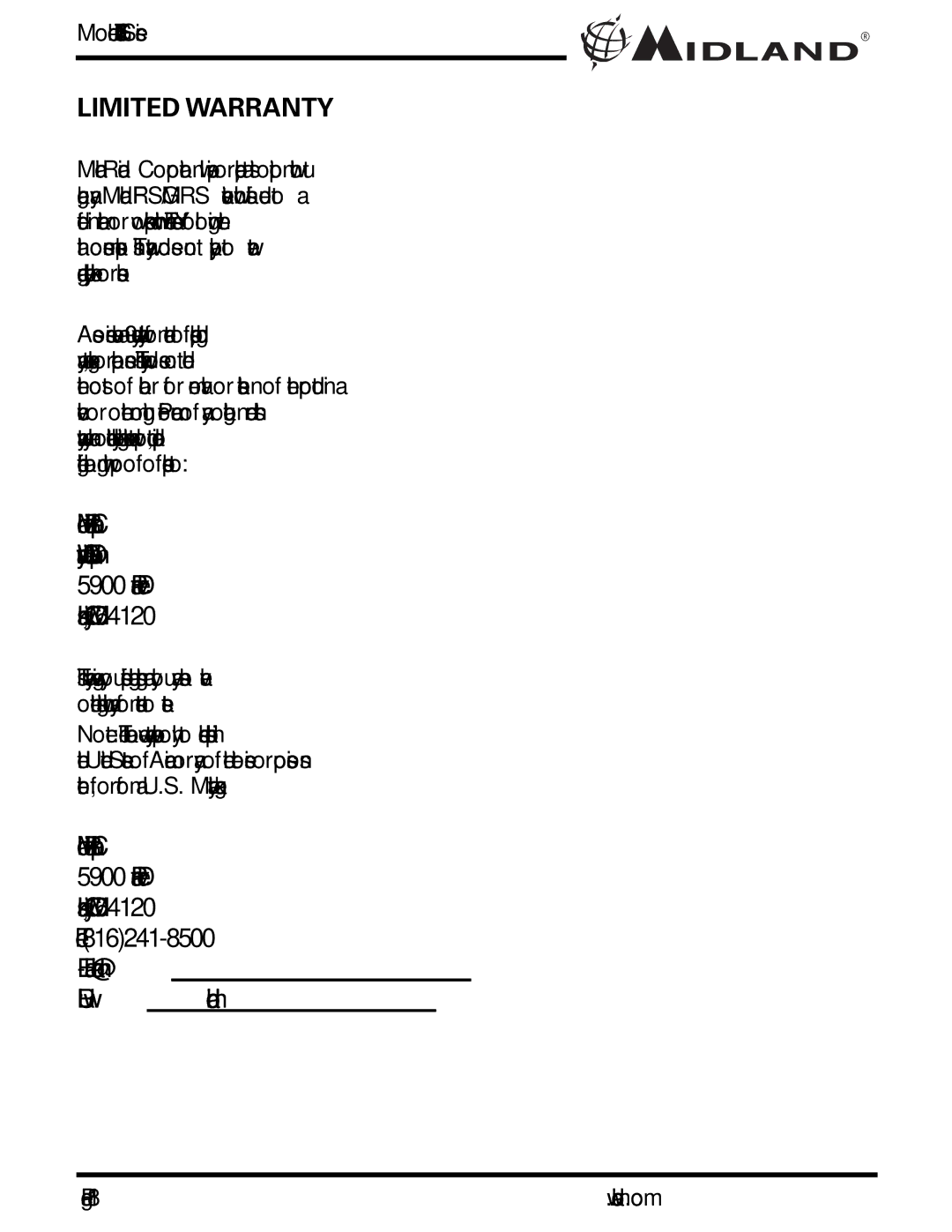 Midland Radio GXT735 Series, GXT710 Series, GXT750 Series owner manual Limited Warranty 