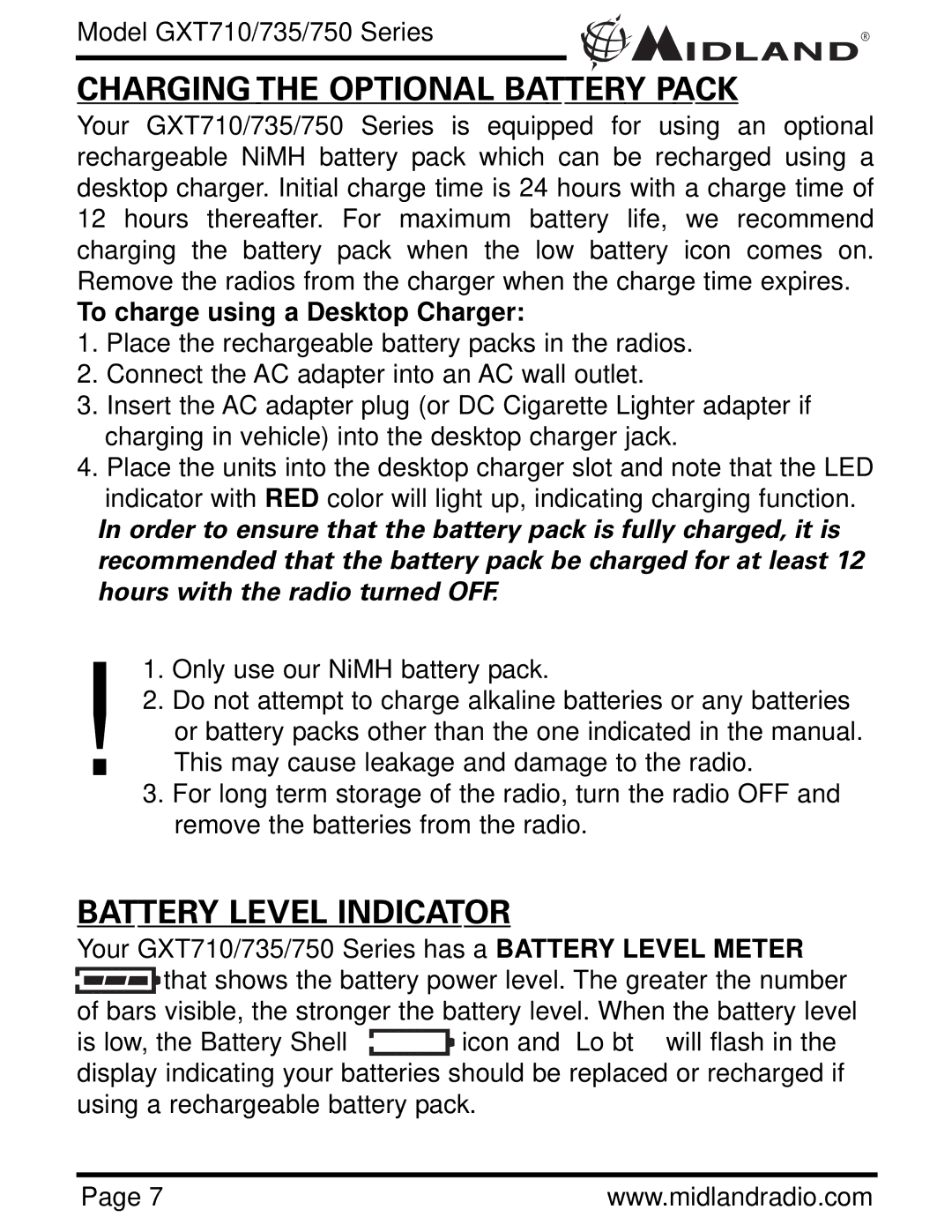 Midland Radio GXT710 Series Charging the Optional Battery Pack, Battery Level Indicator, To charge using a Desktop Charger 