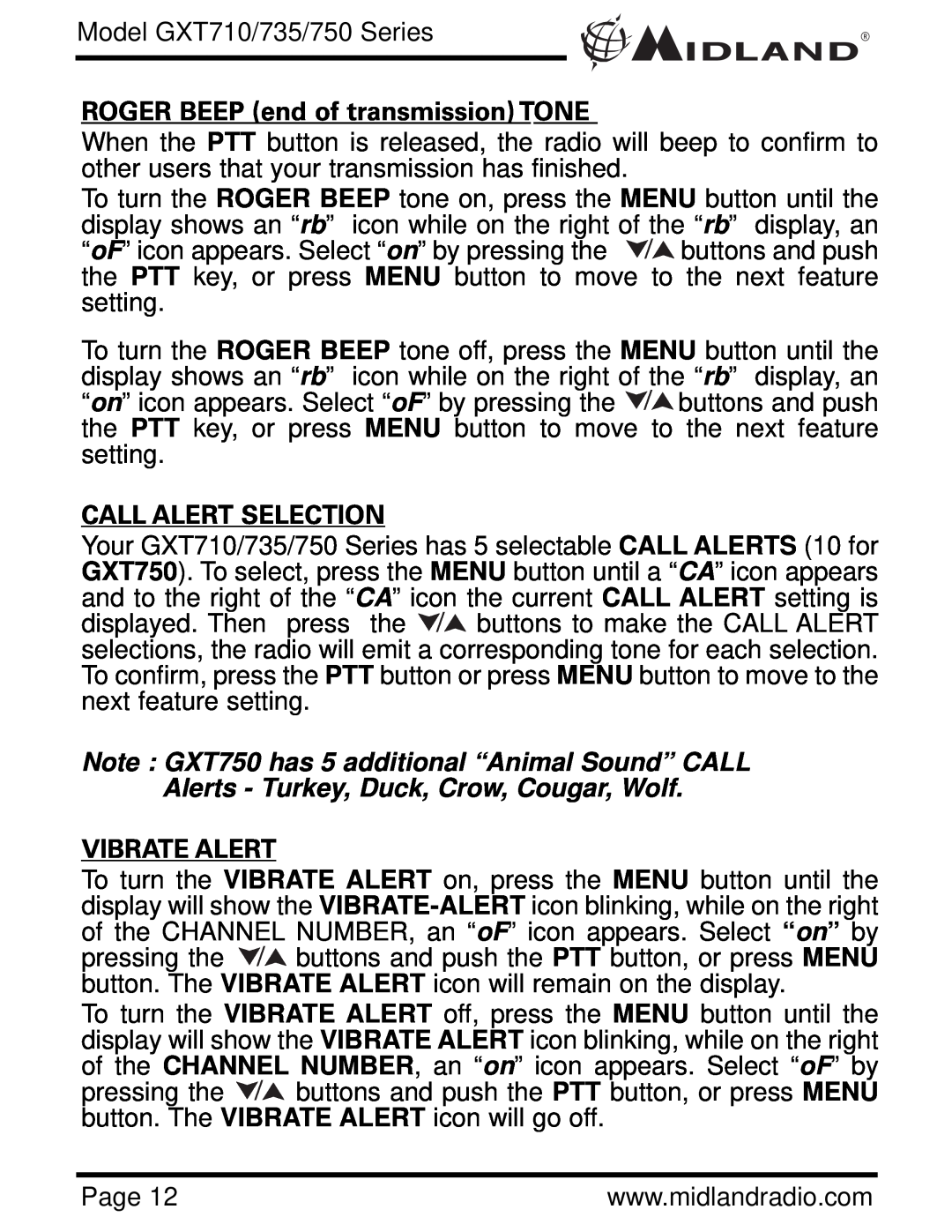 Midland Radio GXT735 Series, GXT710 Series ROGER BEEP end of transmission TONE, Call Alert Selection, Vibrate Alert 