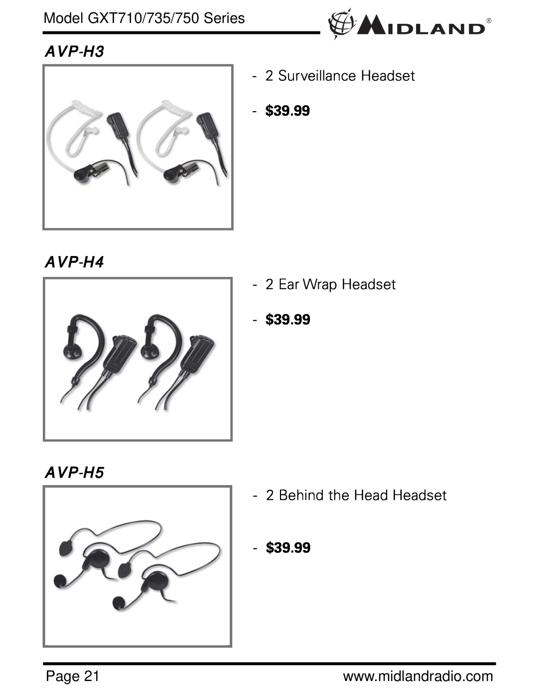 Midland Radio GXT735 Series AVP-H3, AVP-H4, AVP-H5, Model GXT710/735/750 Series, Surveillance Headset, Ear Wrap Headset 