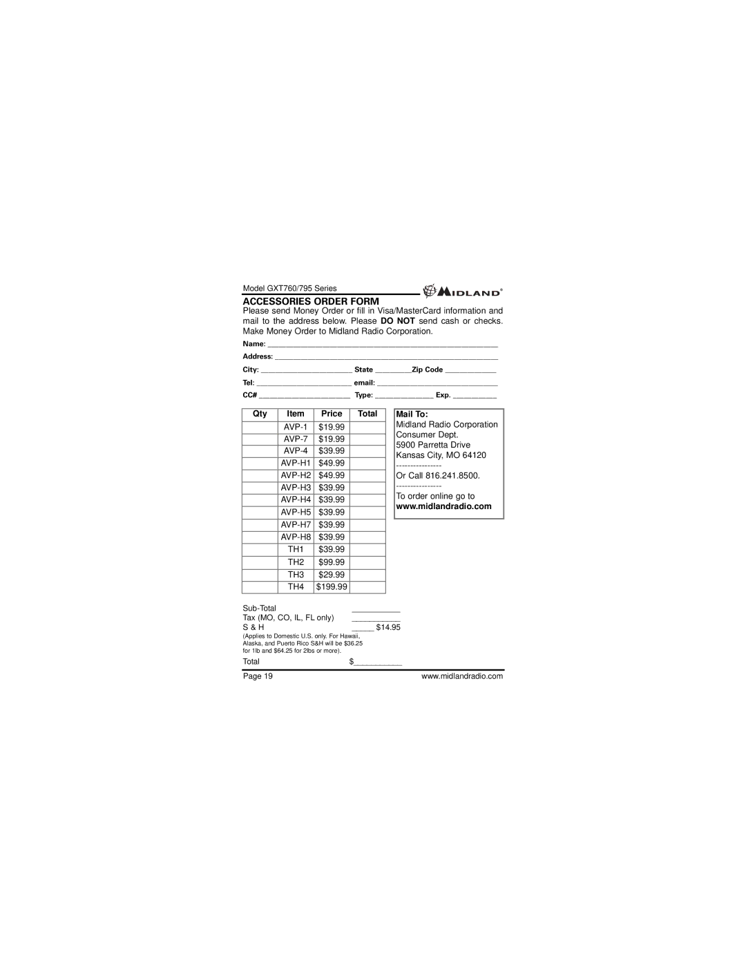 Midland Radio GXT760VP4, GXT795 owner manual Accessories Order Form, Qty Price Total, Mail To 