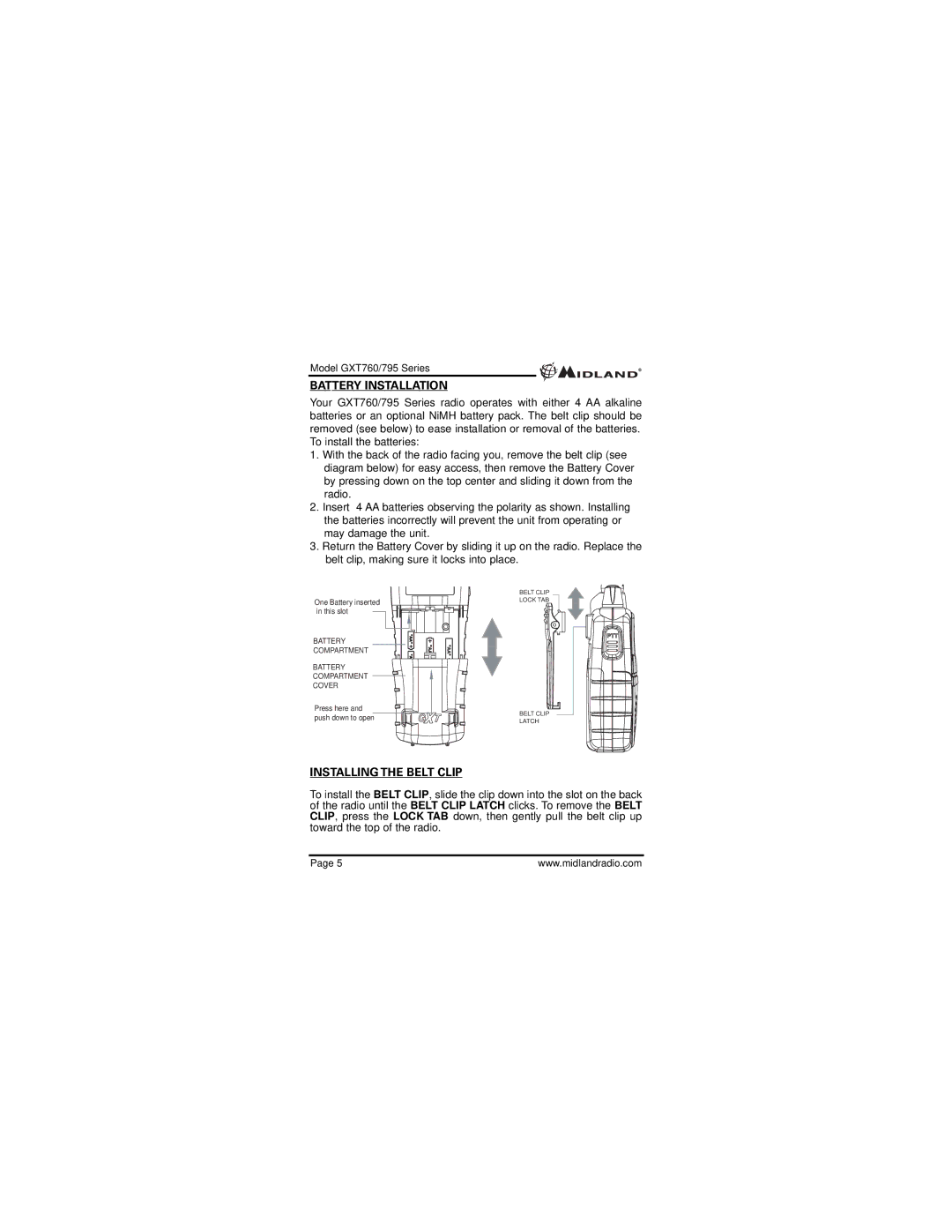 Midland Radio GXT795, GXT760VP4 owner manual Battery Installation, Installing the Belt Clip 