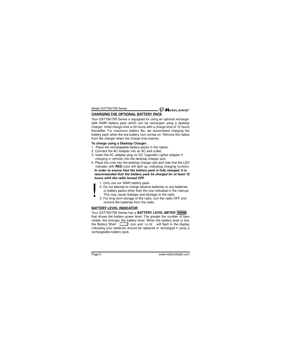 Midland Radio GXT795 Charging the Optional Battery Pack, Battery Level Indicator, To charge using a Desktop Charger 
