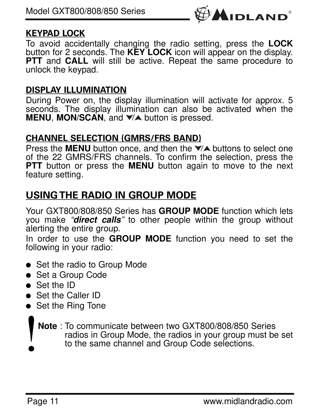 Midland Radio GXT800, GXT850, GXT808 owner manual Keypad Lock, Display Illumination, Channel Selection GMRS/FRS Band 