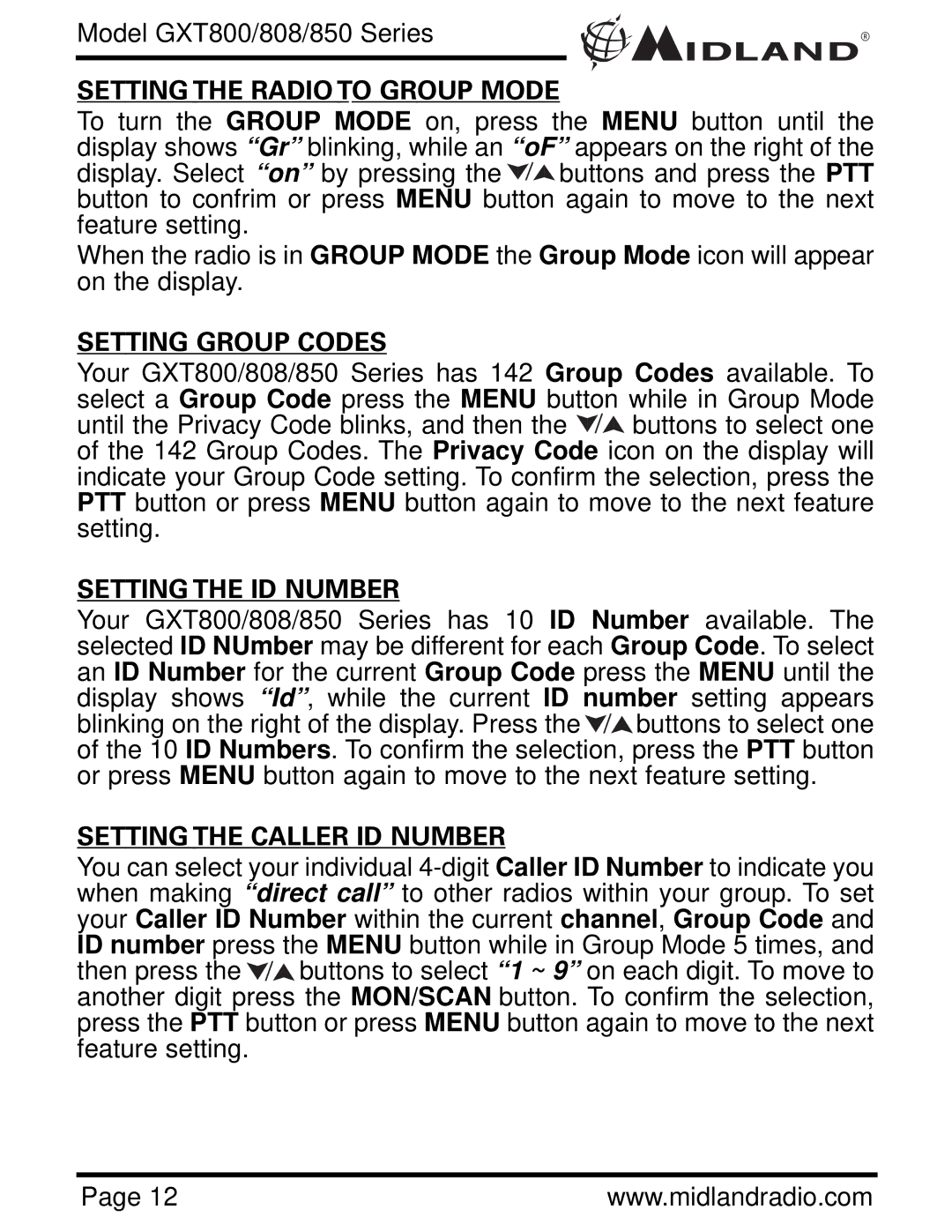 Midland Radio GXT850, GXT808, GXT800 owner manual Setting the Radio to Group Mode, Setting Group Codes, Setting the ID Number 