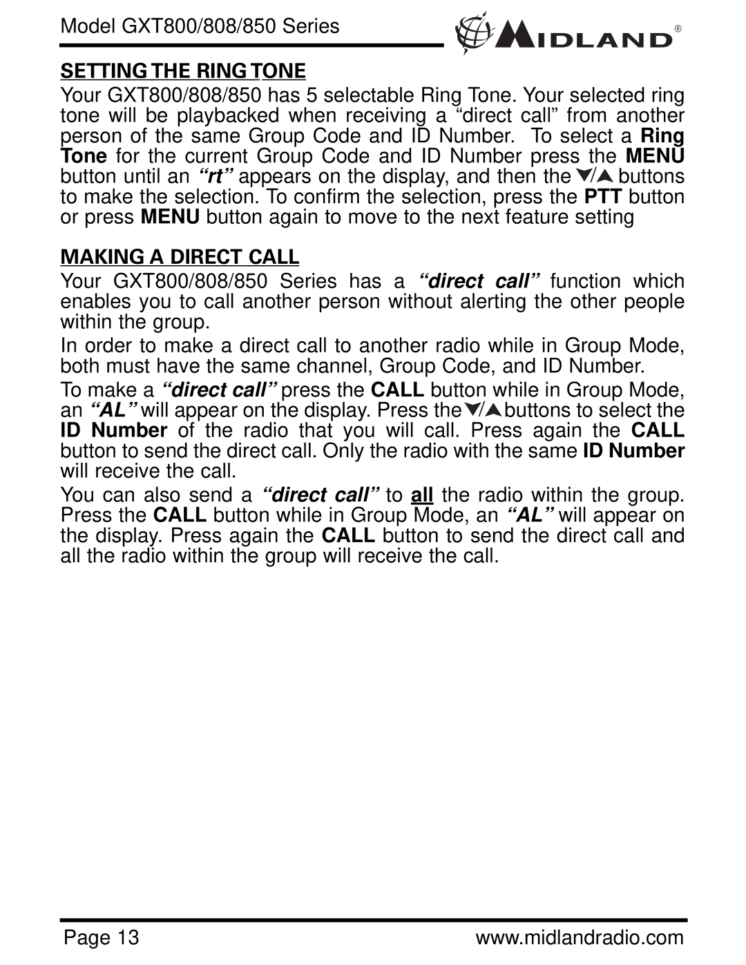 Midland Radio GXT808, GXT850, GXT800 owner manual Setting the Ring Tone, Making a Direct Call 