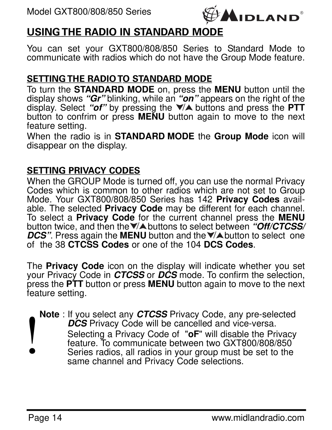 Midland Radio GXT800, GXT850, GXT808 owner manual Setting the Radio to Standard Mode, Setting Privacy Codes 